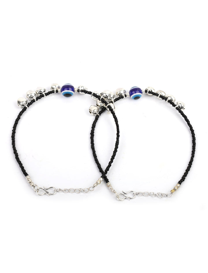 Black Beads Ghungroo Silver Plated Traditional Anklet