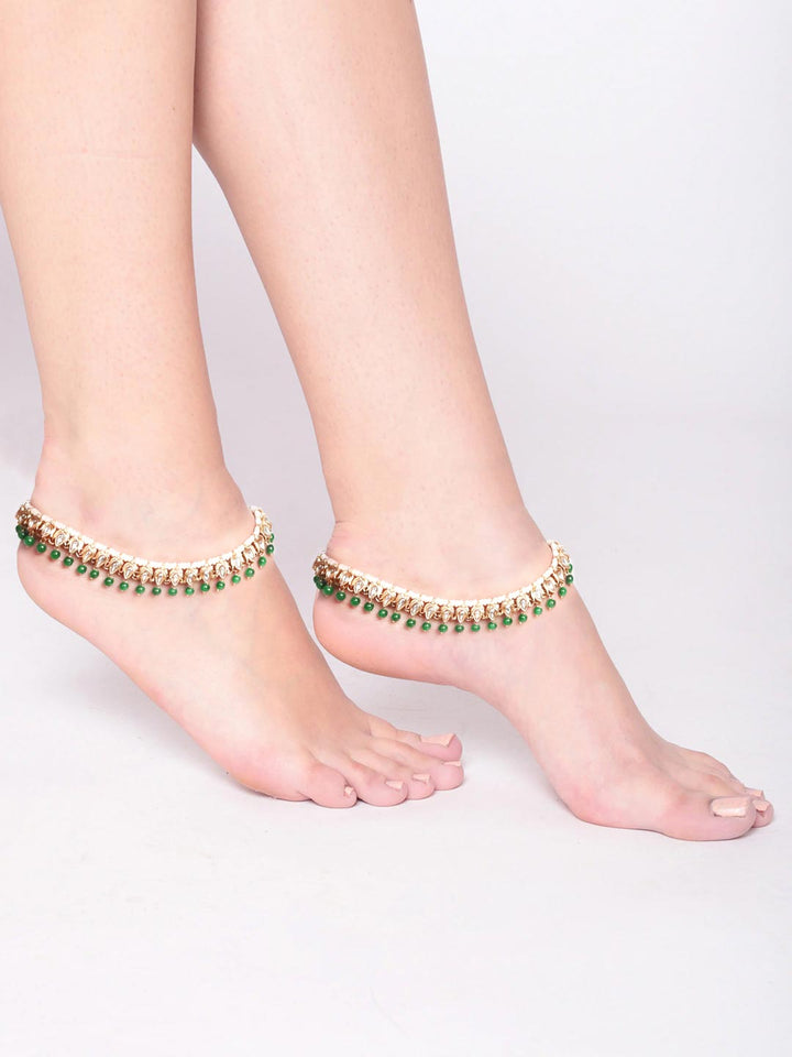 Green Kundan Beads Gold Plated Anklets