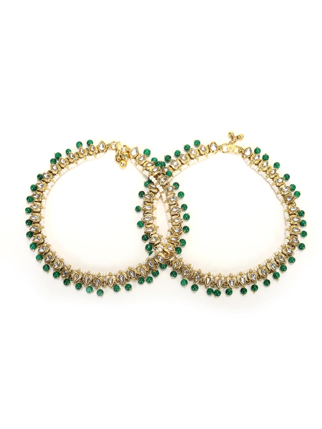 Green Kundan Beads Gold Plated Anklets
