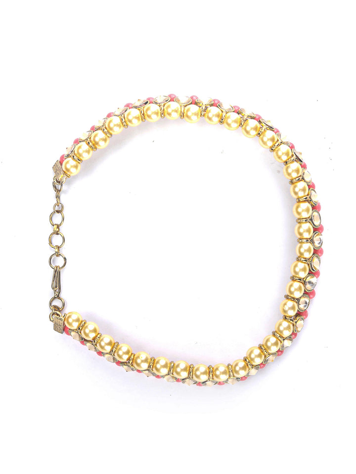 Pink Kundan Pearls Gold Plated Anklets