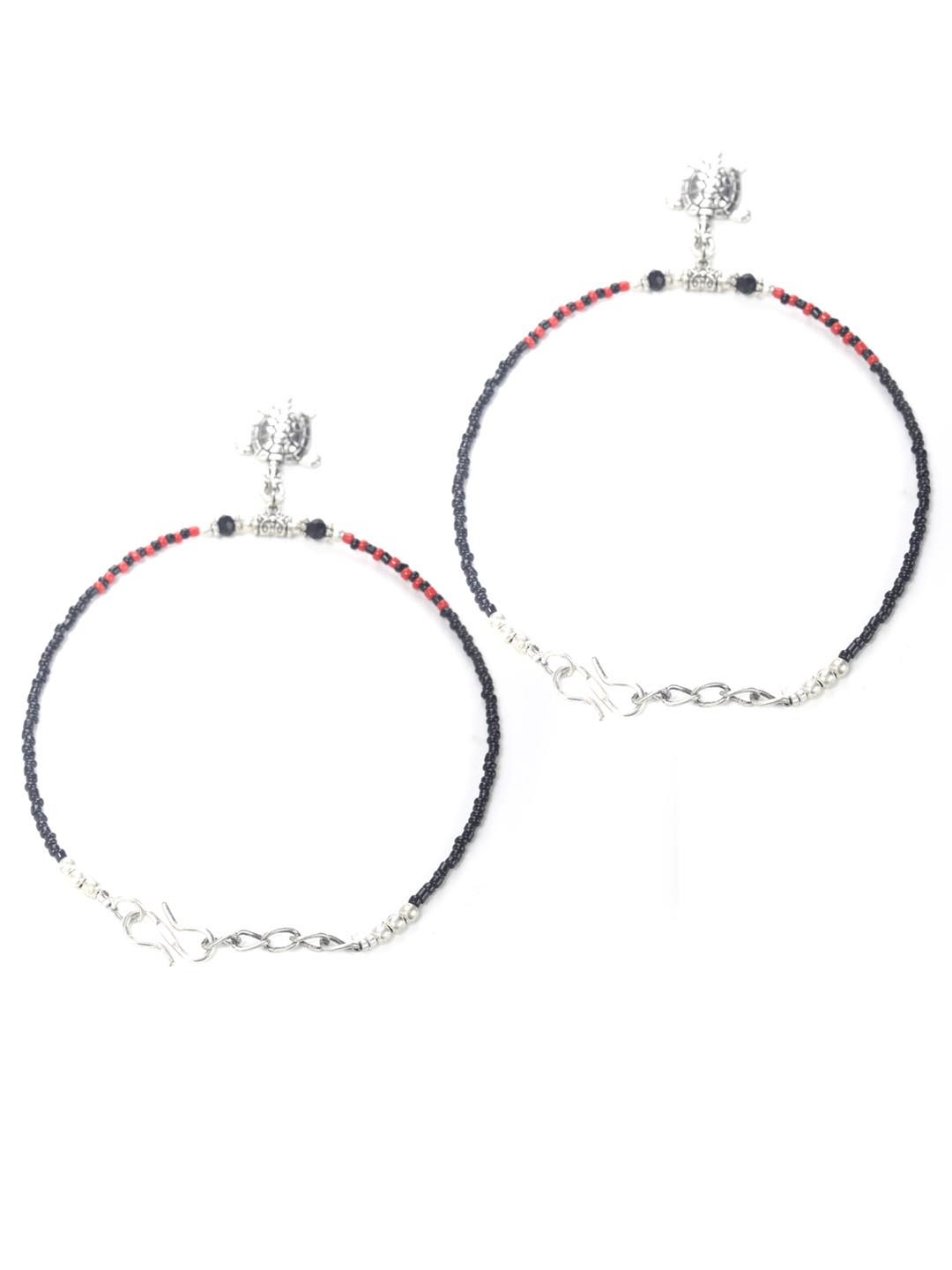 Red Black Stones Studded Silver Plated Oxidised Anklets