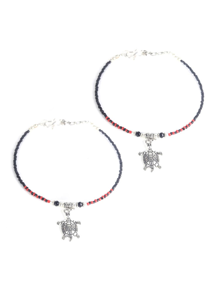 Red Black Stones Studded Silver Plated Oxidised Anklets