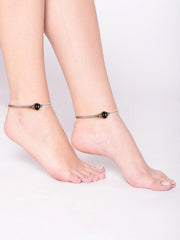 Black Stone Studded Silver Plated Anklets