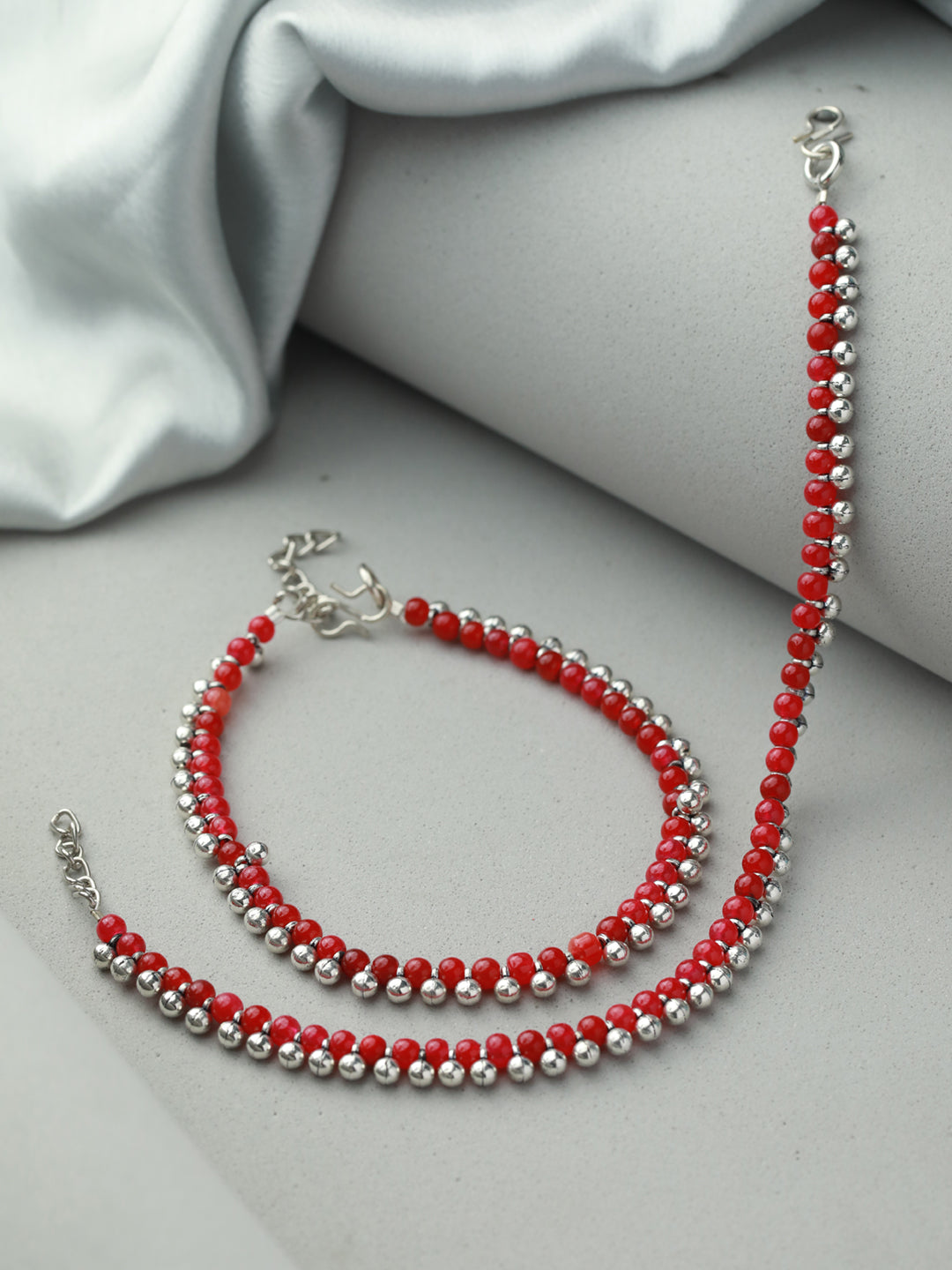 Priyaasi Red Beaded Silver Plated Anklet Set