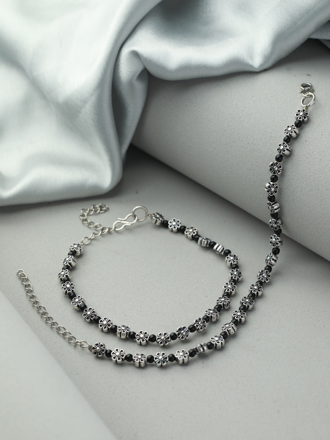 Priyaasi Floral Black Bead Oxidised Silver Anklet Set