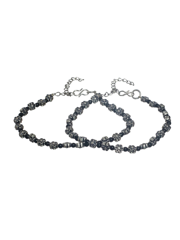 Priyaasi Floral Black Bead Oxidised Silver Anklet Set