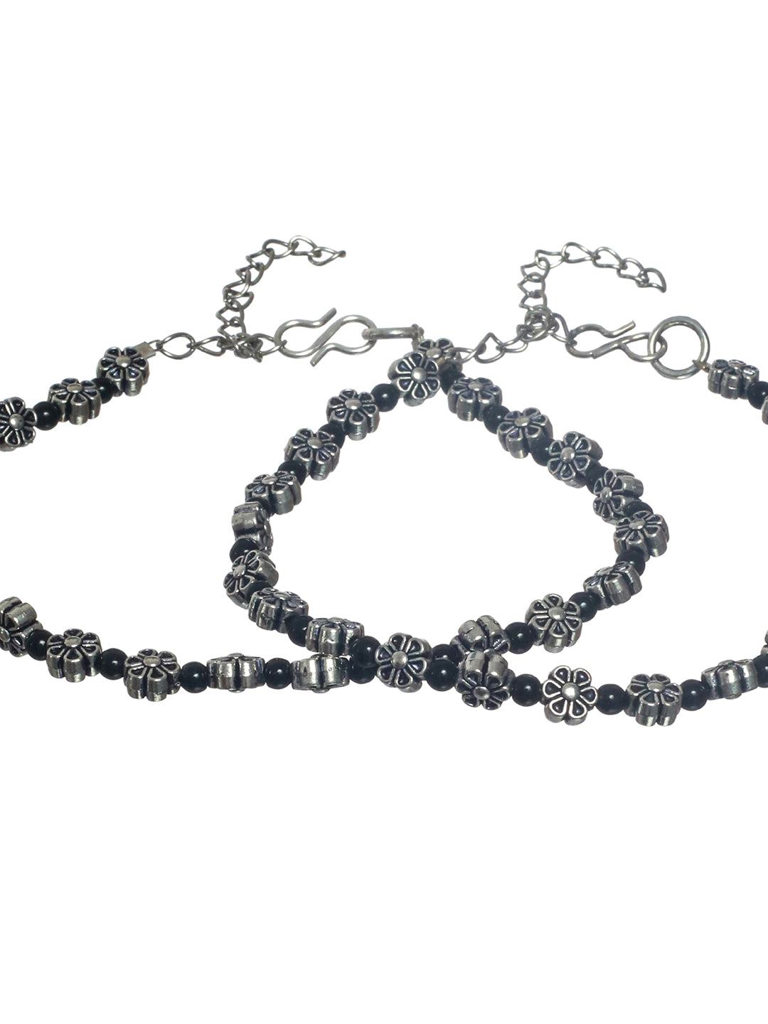 Priyaasi Floral Black Bead Oxidised Silver Anklet Set