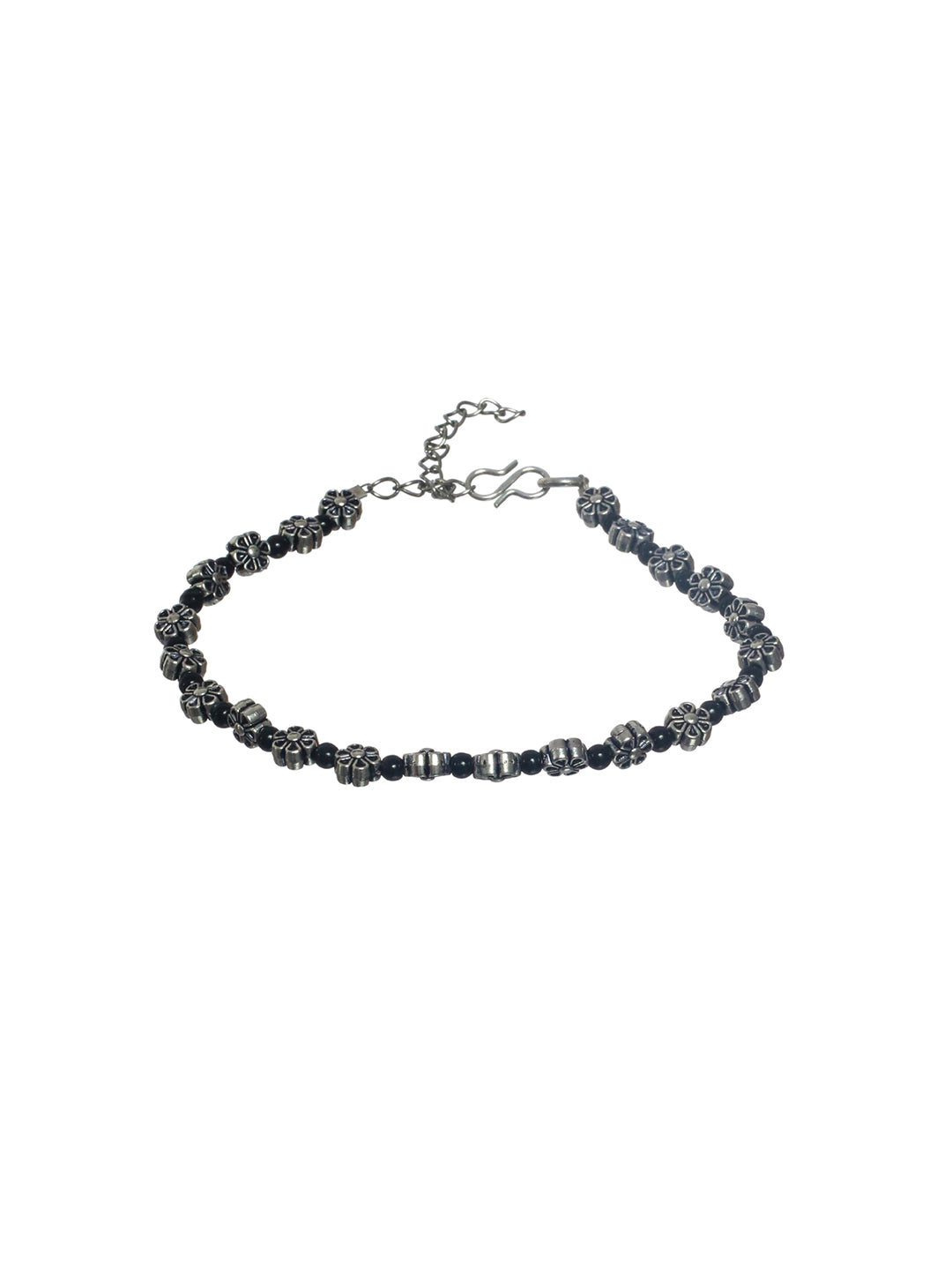 Priyaasi Floral Black Bead Oxidised Silver Anklet Set