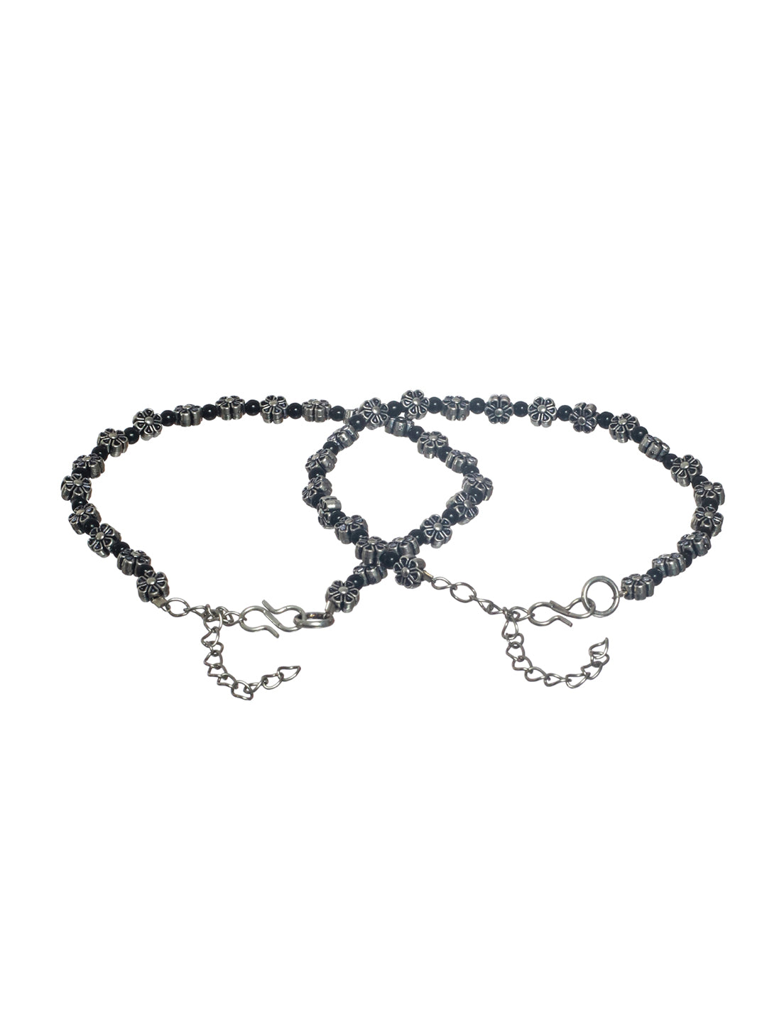 Priyaasi Floral Black Bead Oxidised Silver Anklet Set