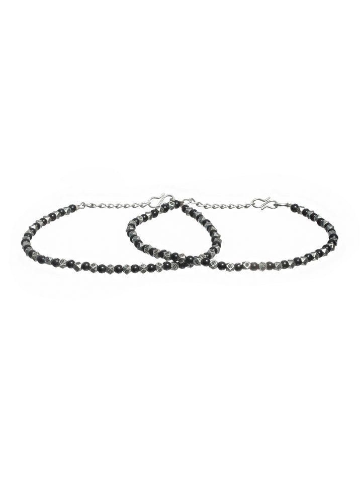 Priyaasi Black Bead Oxidised Silver Anklet Set