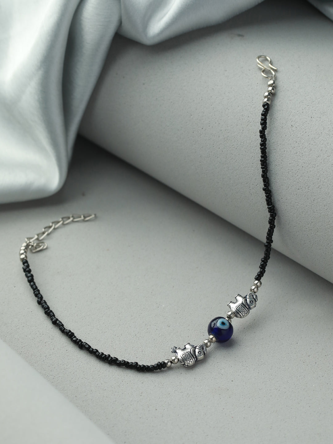 Priyaasi Black Bead Evil Eye Elephant Oxidised Silver Anklet