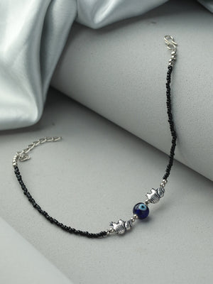 Priyaasi Black Bead Evil Eye Elephant Oxidised Silver Anklet