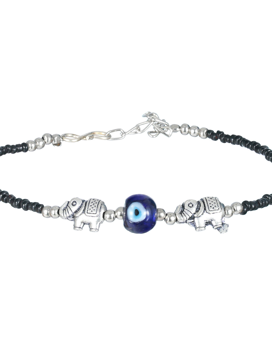 Priyaasi Black Bead Evil Eye Elephant Oxidised Silver Anklet
