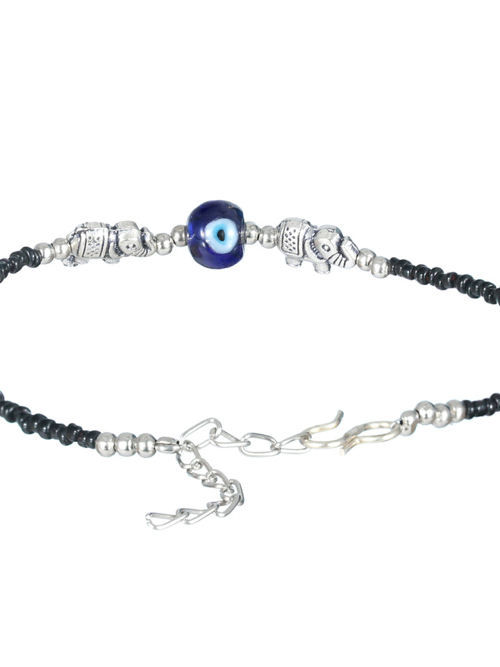 Priyaasi Black Bead Evil Eye Elephant Oxidised Silver Anklet