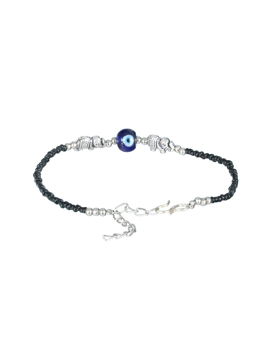 Priyaasi Black Bead Evil Eye Elephant Oxidised Silver Anklet