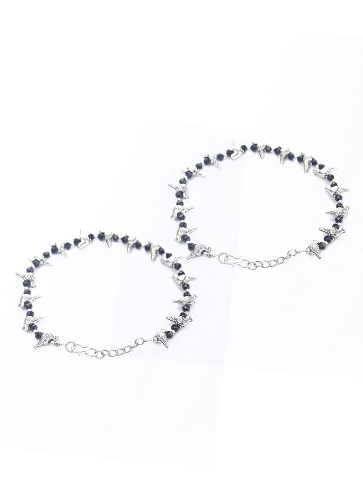 Black Stones Studded Silver Plated Bird Shaped Anklets