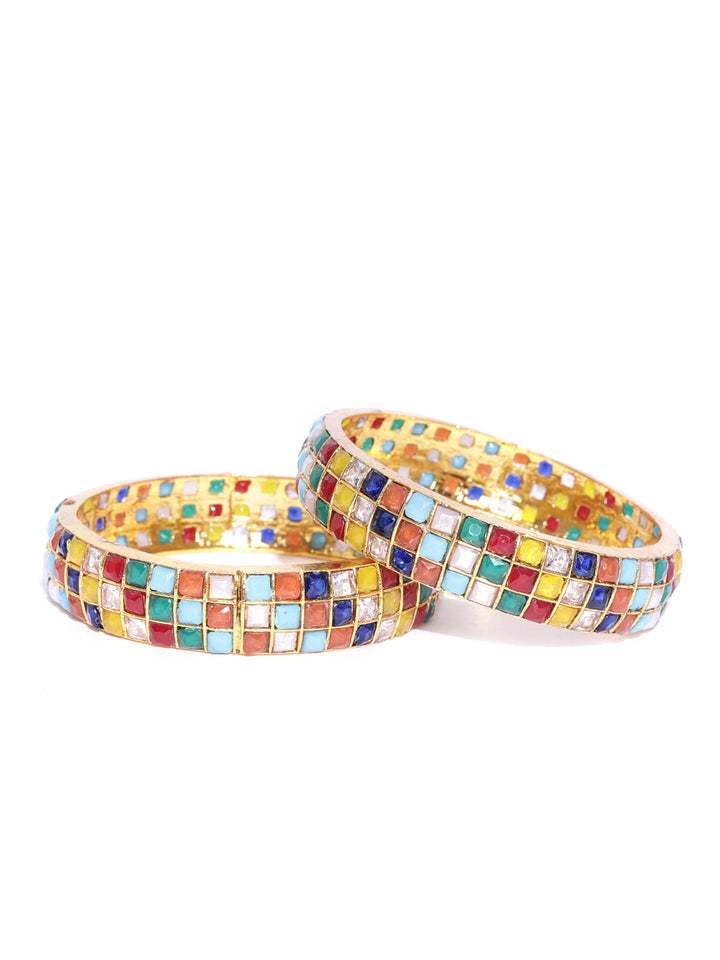 Set of 2 Gold-Plated Multicolor Stone-Studded Bangles