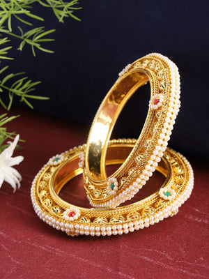 Set Of 2 Gold-Plated Pearls and Stones Studded Bangles in Floral Pattern