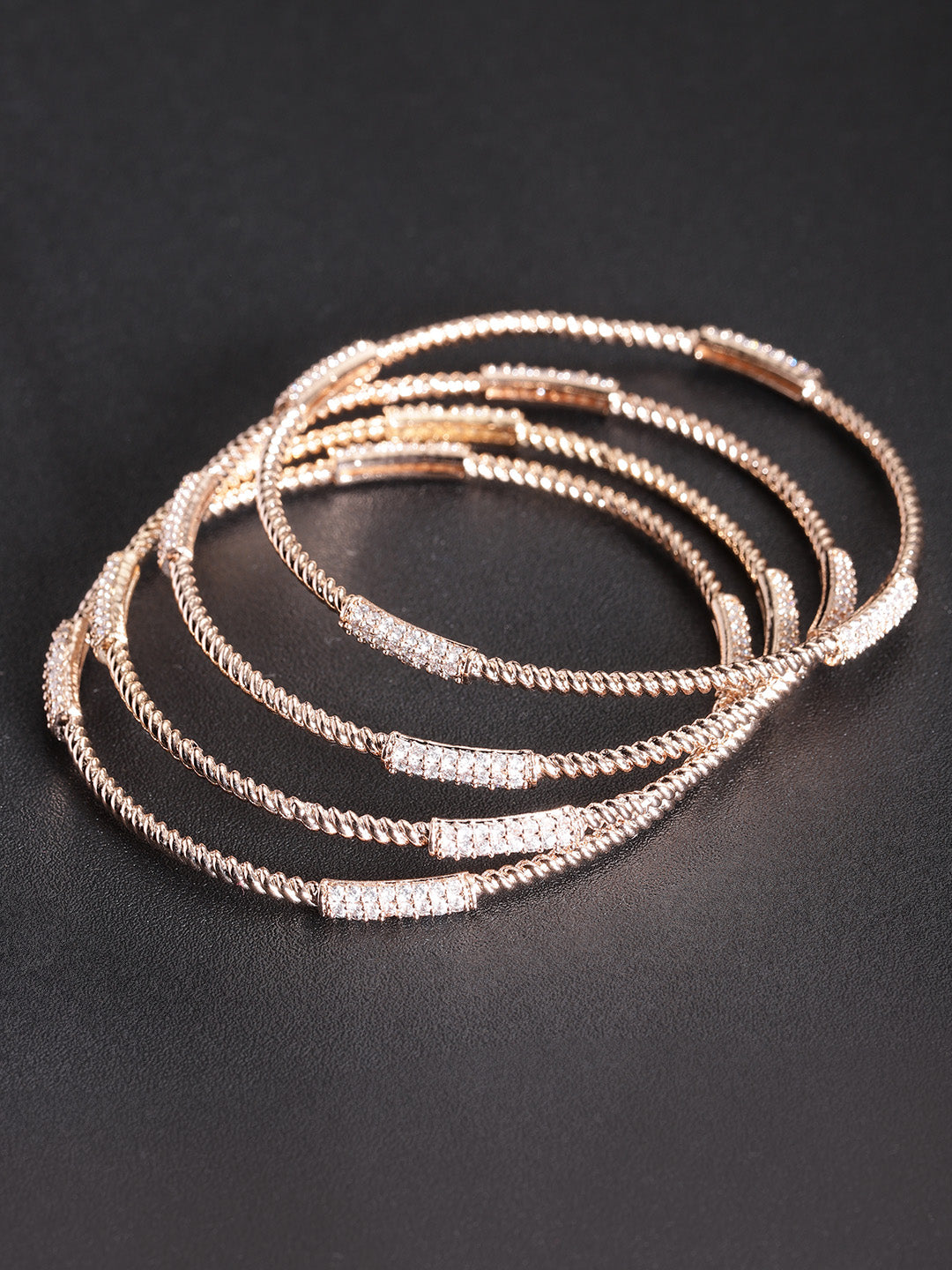 Set Of 4 Rose Gold Plated CZ Stone Studded Sleek Bangles For Women And Girls