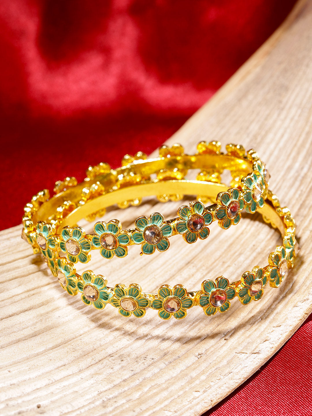 Set of 2 Gold-Plated Stones Studded, Green Meenakari Bangles in Floral Pattern