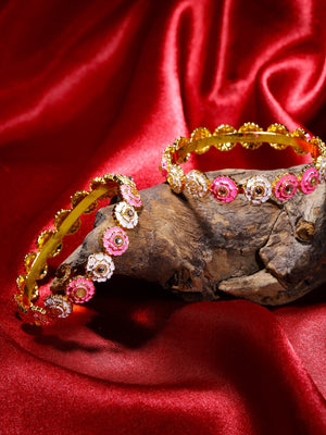 Gulabo - Set of 2 Floral Gold-Plated Stones Studded Pink & White Meenakari Bangles