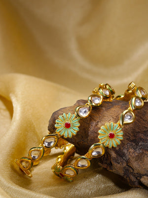 Set of 2 Gold-Plated Kundan Studded, Green Meenakari Bangles in Floral Pattern