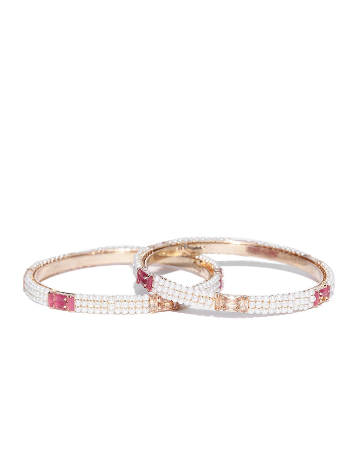 Set Of 2 Gold-Plated Pearls and Stones Studded Bangles in Pink and White Color