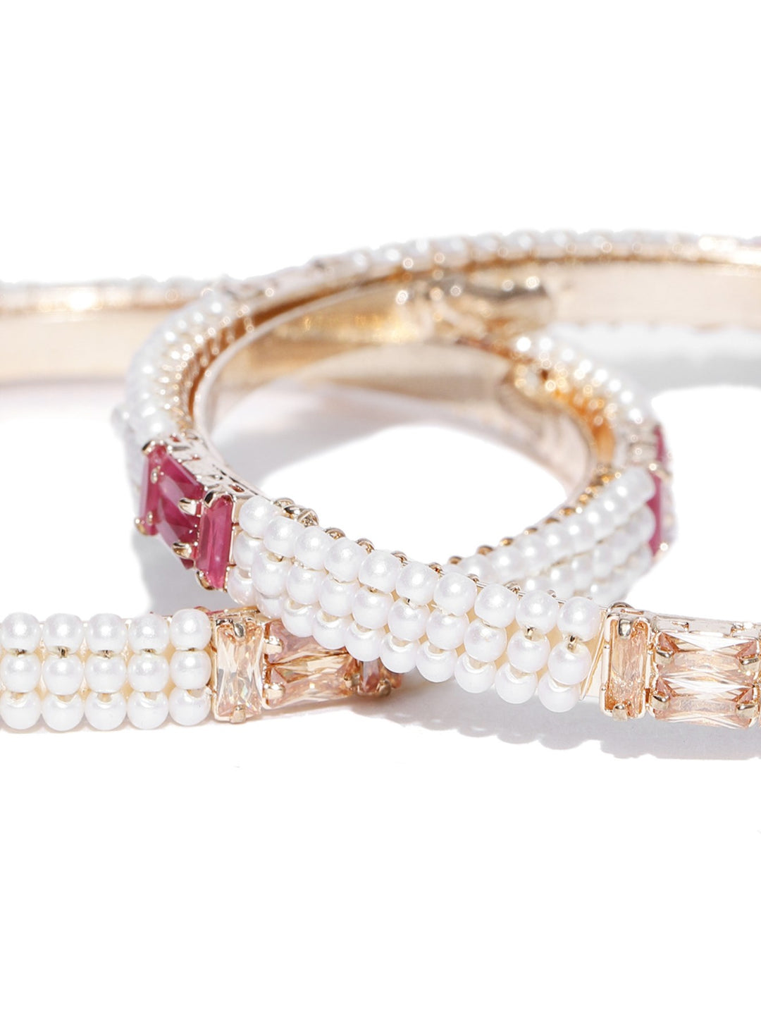 Set Of 2 Gold-Plated Pearls and Stones Studded Bangles in Pink and White Color