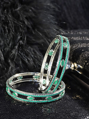 Set Of 2 Silver-Plated Emerald Studded Bangles