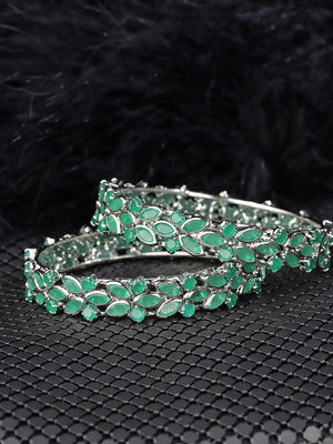 Set Of 2 Silver-Plated Emerald Studded Bangles in Floral Pattern