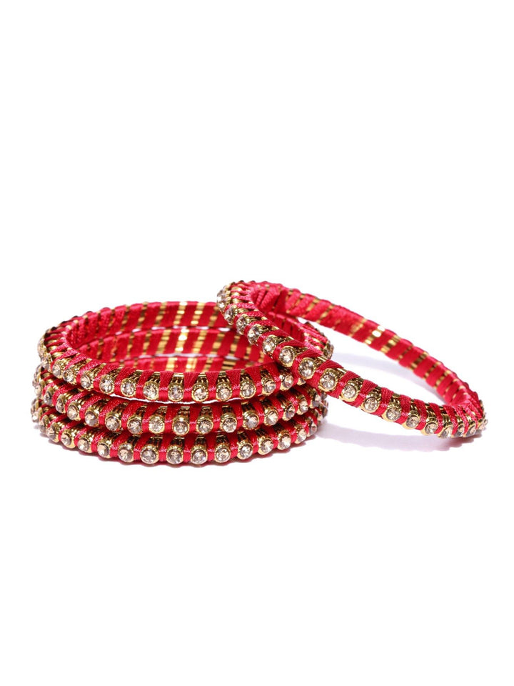 Designer Stone Studded Gold Plated Maroon Colour Silk Threaded Latest Stylish Traditional Bangles For Women And Girls Set Of 4
