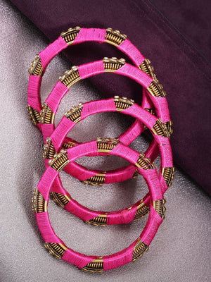 Set Of 4 Stones Studded Silk Threaded Bangles in Pink Color