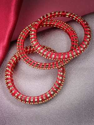 Set Of 4 Stones Studded Silk Threaded Bangles in Maroon Color