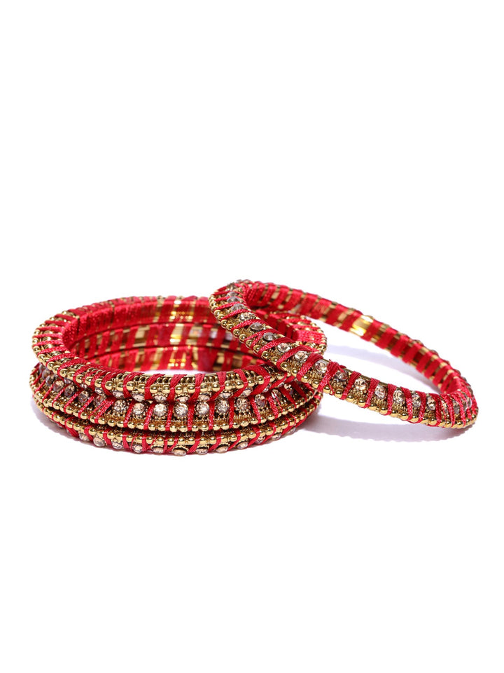 Set Of 4 Stones Studded Silk Threaded Bangles in Maroon Color