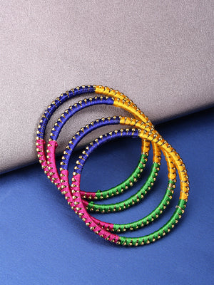 Designer Gold Plated Pink, Blue, Yellow and Green Silk Threaded Latest Stylish Traditional Multicolor Bangles For Women And Girls Set Of 4