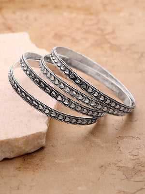 Heart Engrave - Set Of 4 Oxidised Silver-Plated Bangles