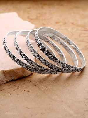 Bohemian Romance - Oxidised Silver-Plated Trendy Design Bangle Set of 4 for Women and Girls