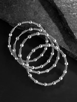 Set Of 4 Oxidised Silver-Plated Spring And Beaded Design Bangles