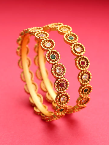 Set Of 2 Gold-Plated Multicolored Stones Studded Bangles in Floral Pattern