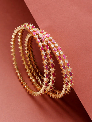 Set Of 4 Gold-Plated Ruby And American Diamond Studded Bangles in Magenta and White Color