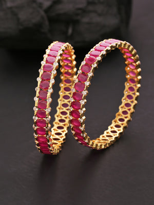 Set Of 2 Gold-Plated Ruby And American Diamond Studded Bangles in Magenta Color