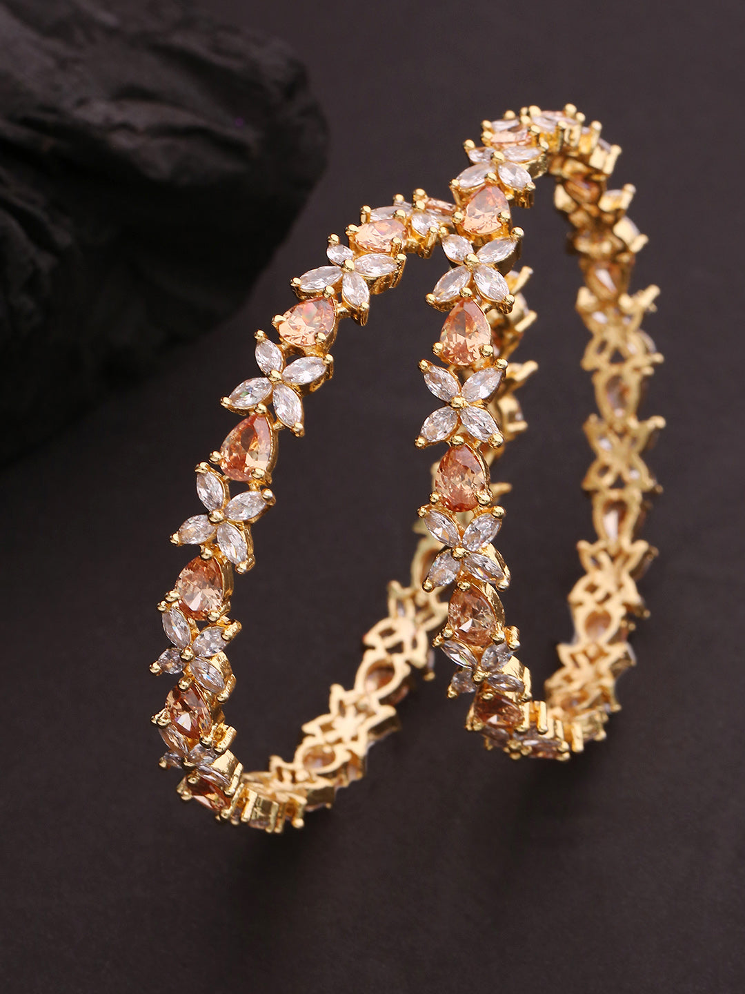 Set Of 2 Gold-Plated American Diamond Studded Bangles in Floral Pattern