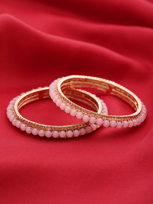 Set Of 2 Gold-Plated Stones Studded and Pink Beaded Bangles