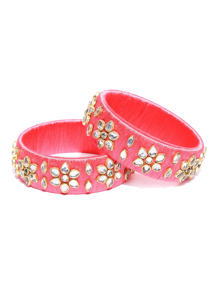 Set Of 2 Kundan Studded Coral Pink Threaded Bangles in Floral Pattern