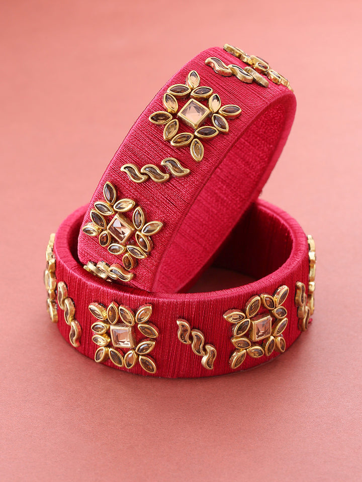 Set Of 2 Stones Studded Maroon Threaded Broad Bangles in Floral Pattern
