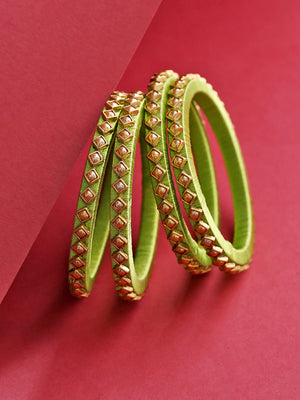 Set Of 4 Pearls Studded Light Green Threaded Bangles