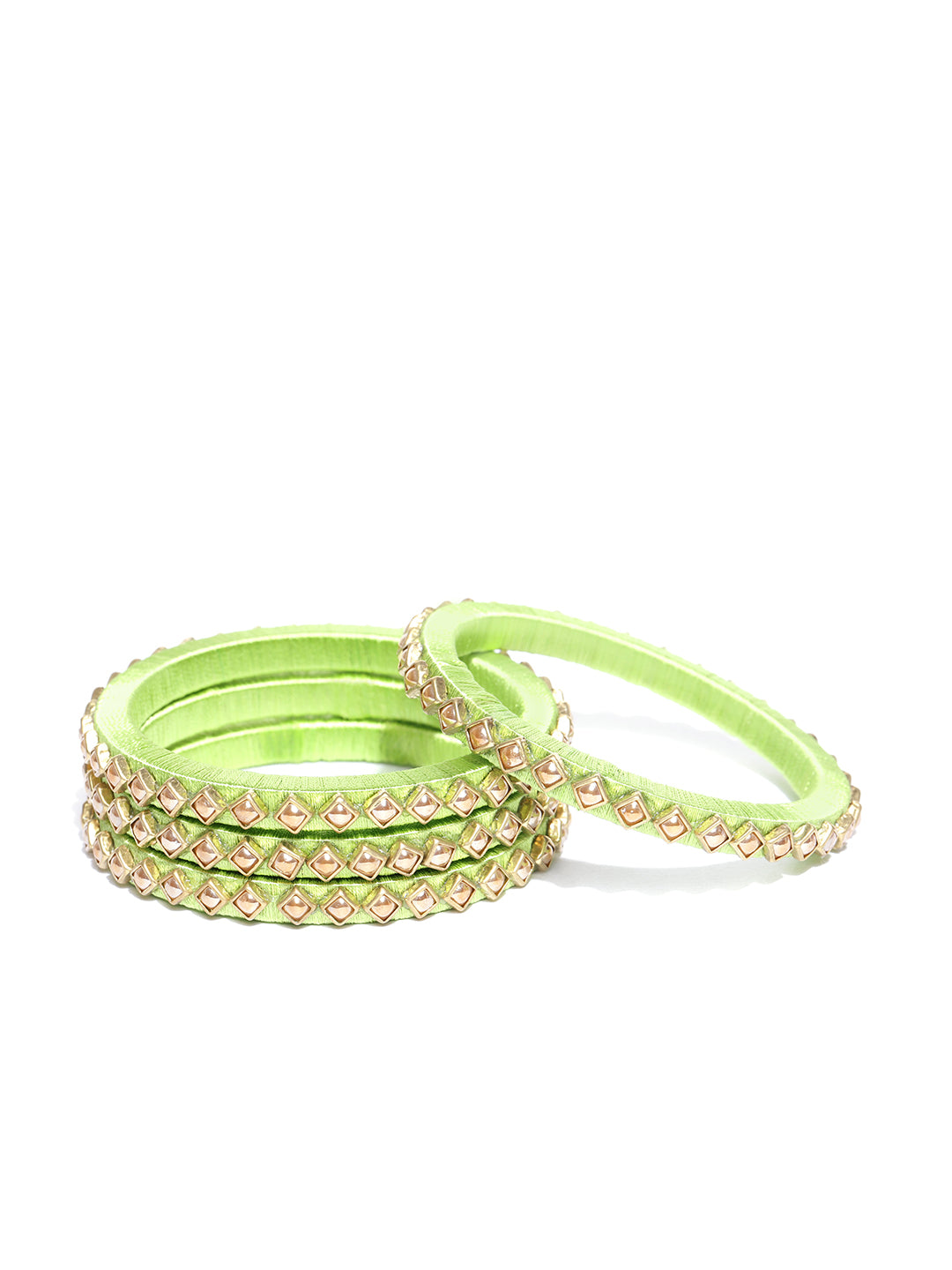 Set Of 4 Pearls Studded Light Green Threaded Bangles