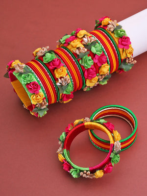 Floral Fun - Set Of 46 Handcrafted Multicoloured Silk Threaded Bangles For Mehandi