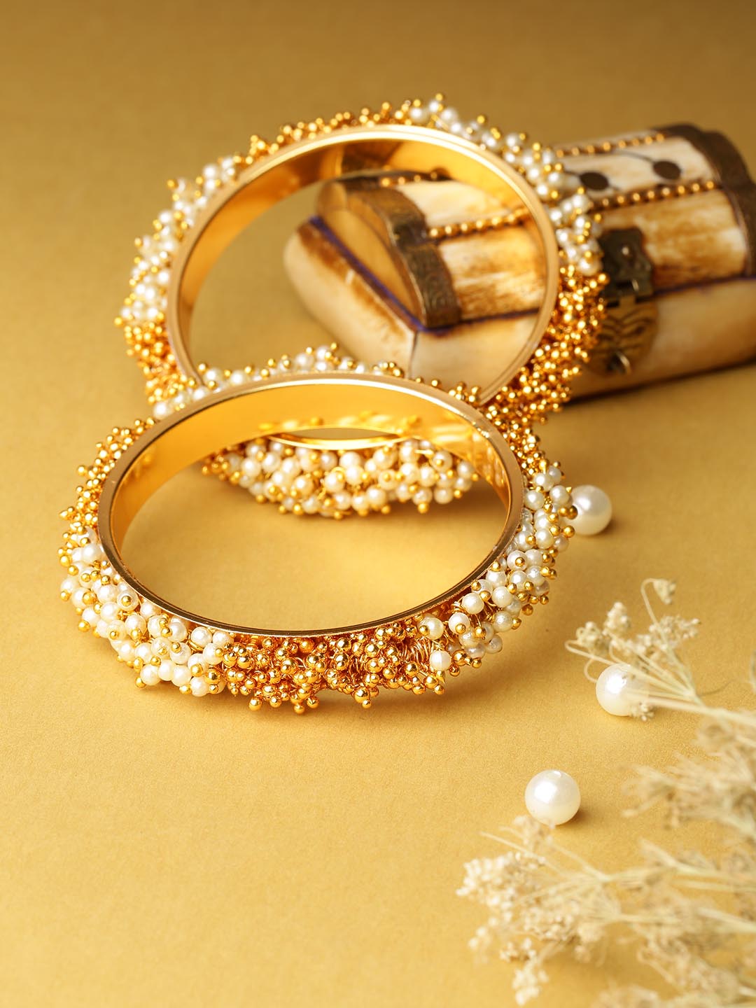 Set Of 2 Gold-Plated Pearls Studded Bangles