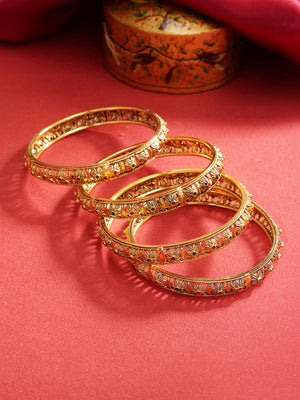 Set of 4 Gold-Plated Red & Green Stones Studded Floral Jali work Bangles